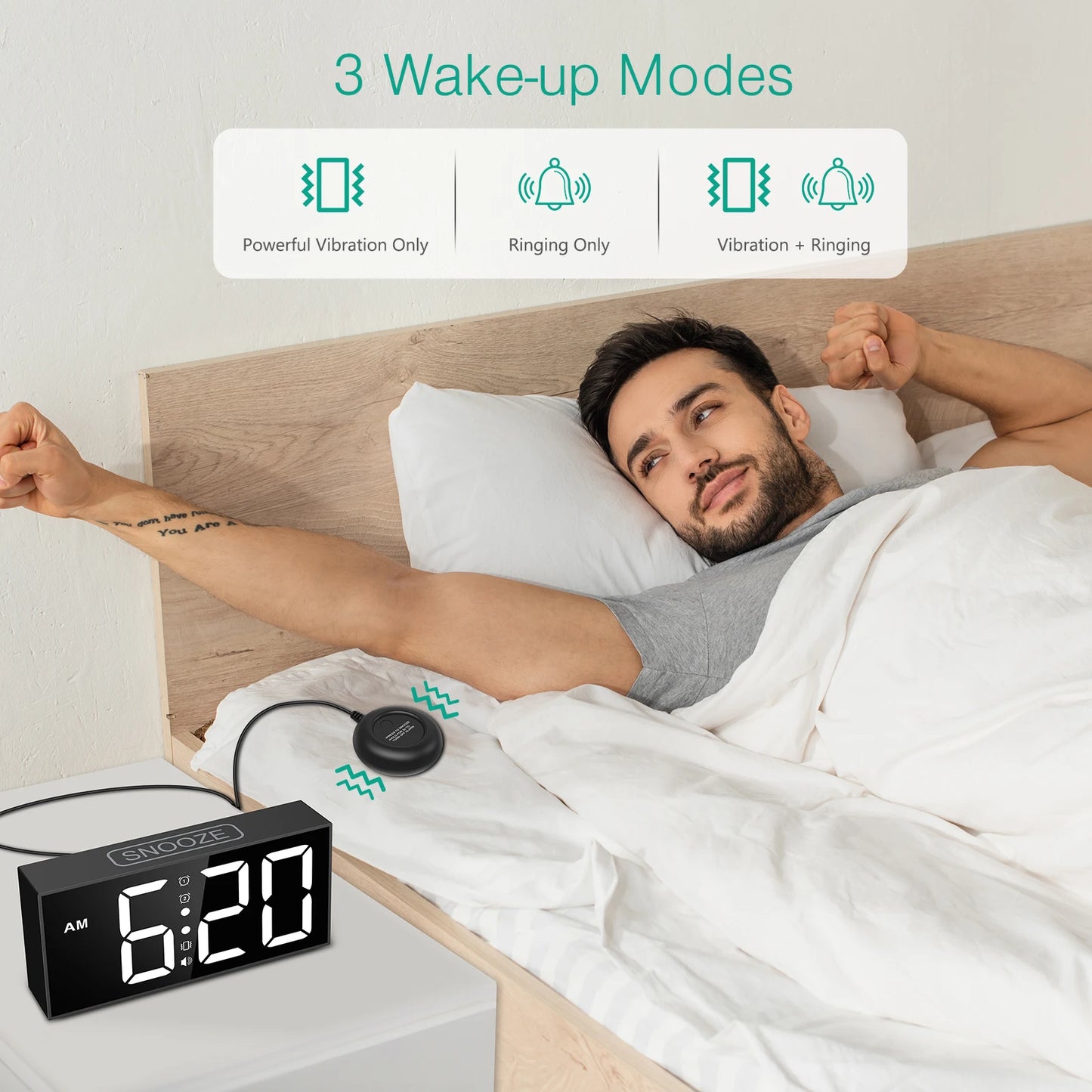 TheWakeUpCrew™ Vibrating Alarm Clock BLACK for Heavy Sleepers/Bad Hearing