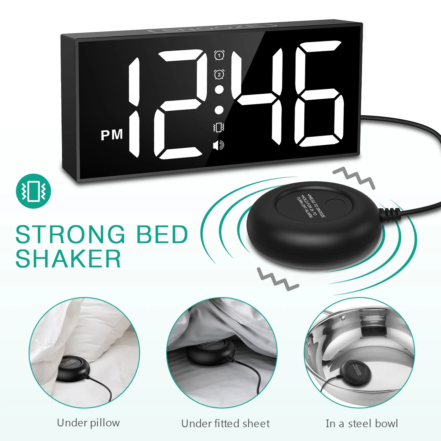 TheWakeUpCrew™ Vibrating Alarm Clock BLACK for Heavy Sleepers/Bad Hearing